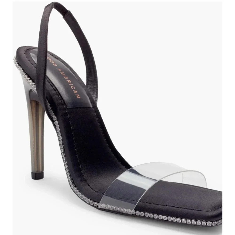 Good American Crystal Crush Lucite Rhinestone Sandals In Black Size 7.5 New